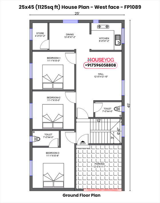 25x45 west facing 3bhk house plan with parking - 1125 sq ft layout for village & city homes