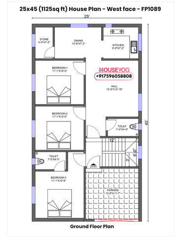 25x45 West Facing 3BHK House Plan with Parking - 1125 Sq Ft Layout for Village & City Homes