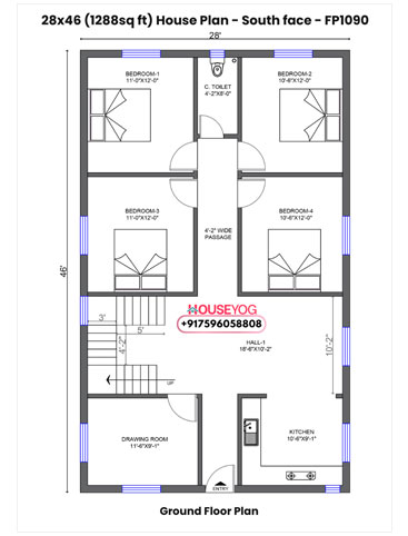 28x46 South Facing 4BHK House Plan with Drawing Room & Big Hall on 1288 sq ft Plot