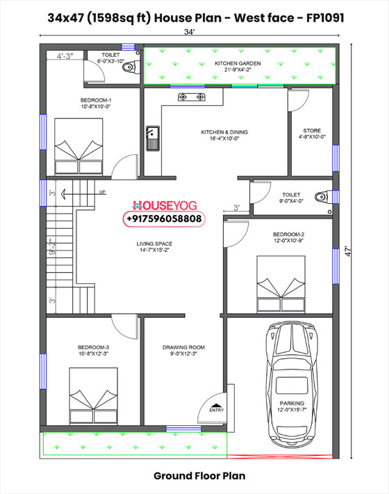34x47 west facing 3bhk house plan with parking, drawing room & store on 1598 sq ft plot
