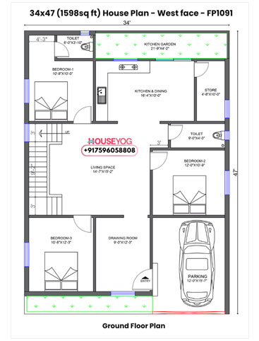34x47 West Facing 3BHK House Plan with Parking, Drawing Room & Store on 1598 sq ft Plot