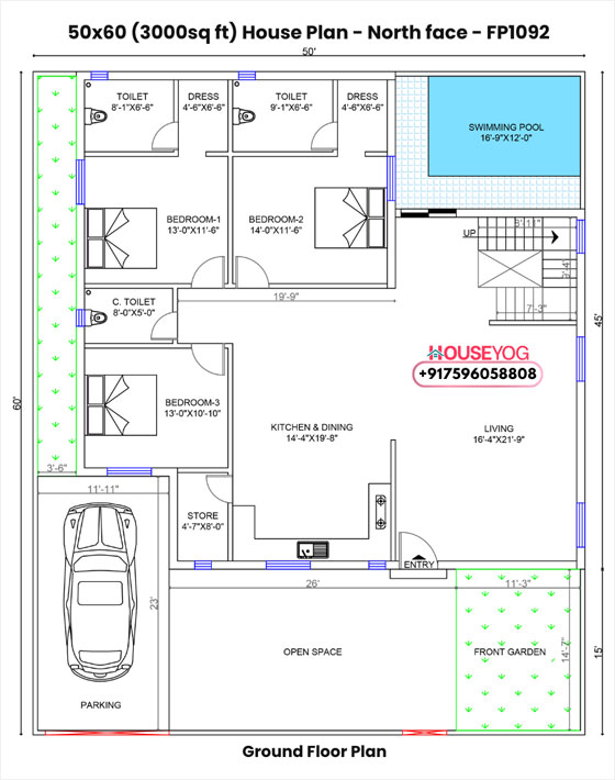 50x60 north facing 3bhk bungalow house plan with pool, parking & garden on 3000 sq ft plot