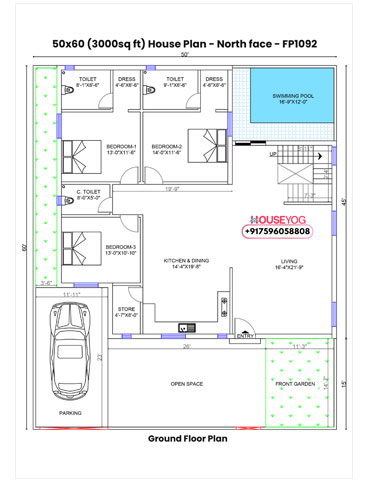 50x60 North Facing 3BHK Bungalow House Plan with Pool, Parking & Garden on 3000 sq ft Plot
