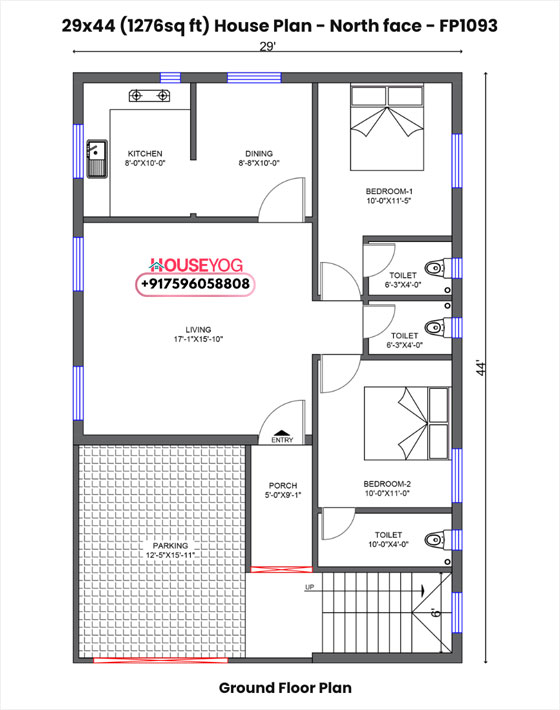 29x44 north facing 2bhk house plan with car parking & porch on 1276 sq ft plot