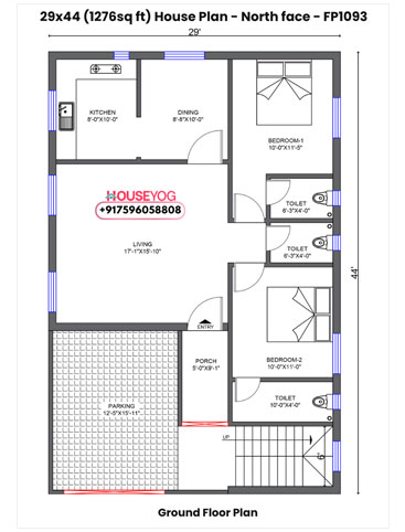 29x44 North Facing 2BHK House Plan with Car Parking & Porch on 1276 sq ft Plot