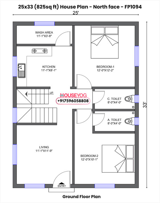 25x33 north facing 2bhk house plan with living room, 2 baths on 825 sq ft plot