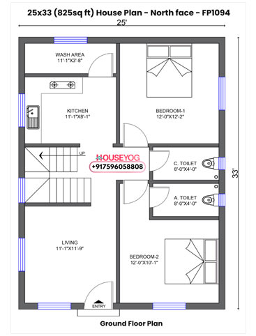 25x33 North Facing 2BHK House Plan with Living Room, 2 Baths on 825 sq ft Plot