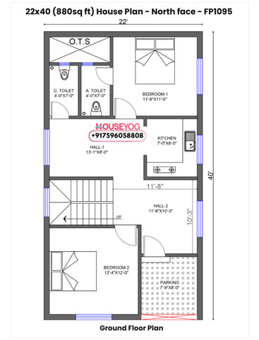 22x40 North Facing 2BHK House Plan - Smart Layout on 880 sq ft Plot with Bike Parking