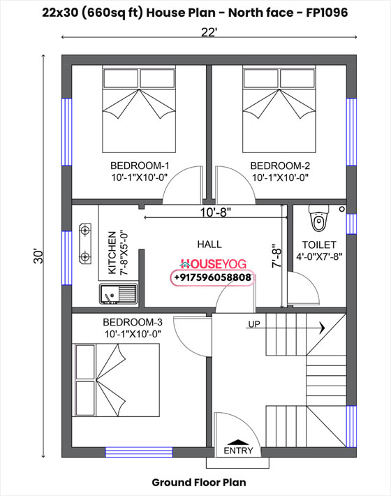 22x30 north facing 3bhk house plan - smart layout on 660 sq ft plot