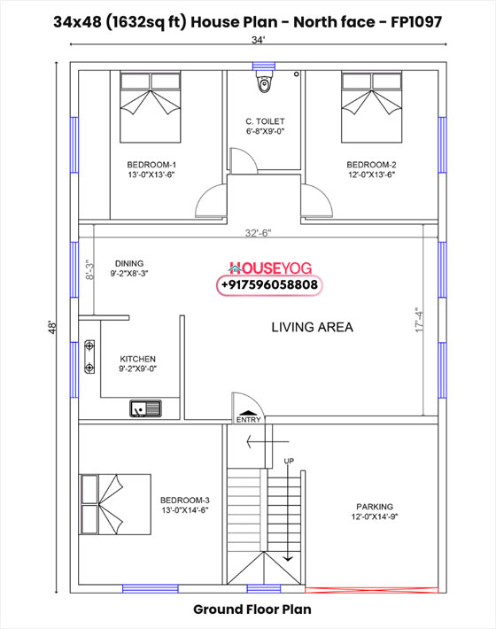 34x48 north facing 3bhk house plan - spacious design with parking on 1632 sq ft plot