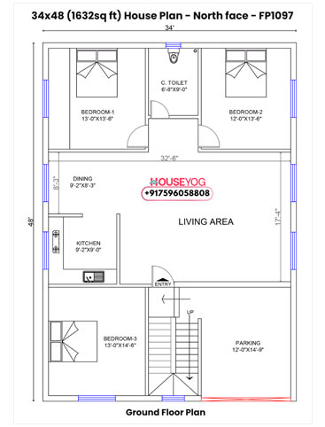 34x48 North Facing 3BHK House Plan - Spacious Design with Parking on 1632 sq ft Plot