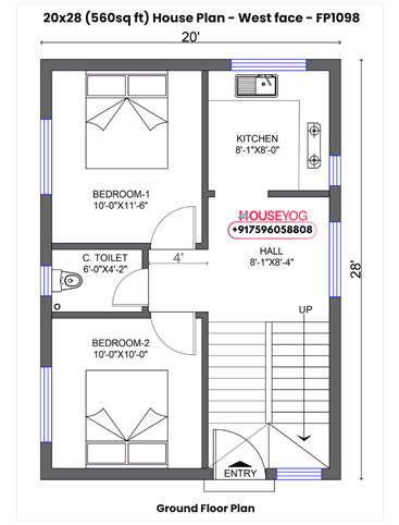 20x28 West Facing 2BHK House Plan - Compact & Smart Layout on 560 sq ft