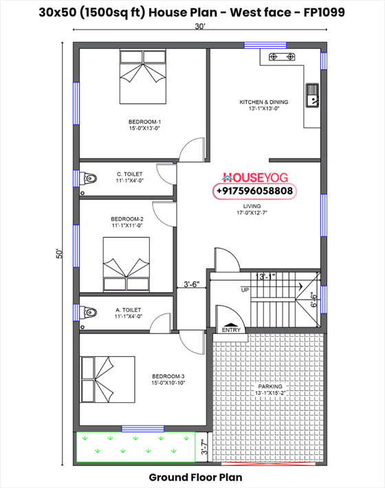 30x50 west facing 3bhk house plan with parking - 1500 sq ft design