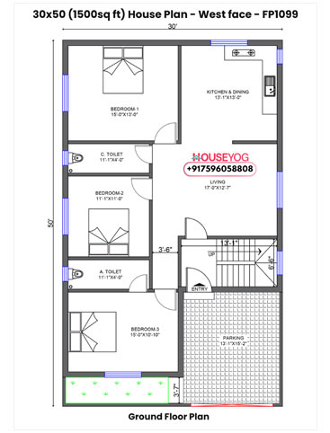30x50 West Facing 3BHK House Plan with Parking - 1500 sq ft Design