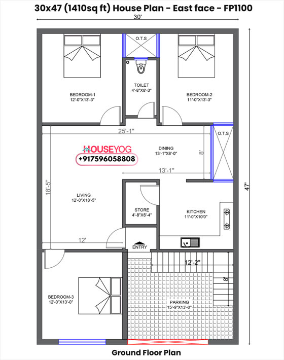 30x47 west facing 3bhk house plan with parking and store - 1410 sq ft layout