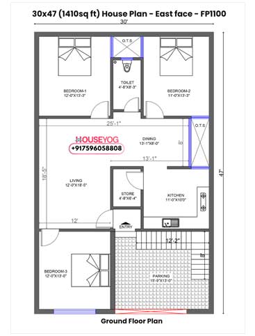 30x47 West Facing 3BHK House Plan with Parking and Store - 1410 sq ft Layout