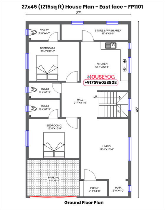 27x45 east facing house plan - luxurious 2 bhk with parking, store & puja room (1215 sq ft)