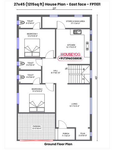 27x45 East Facing House Plan - Luxurious 2 BHK with Parking, Store & Puja Room (1215 sq ft)