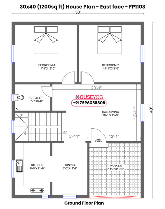 30x40 house plan east facing - spacious 2 bhk with parking on 1200 sq ft plot