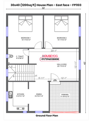 30x40 House Plan East Facing - Spacious 2 BHK with Parking on 1200 sq ft Plot