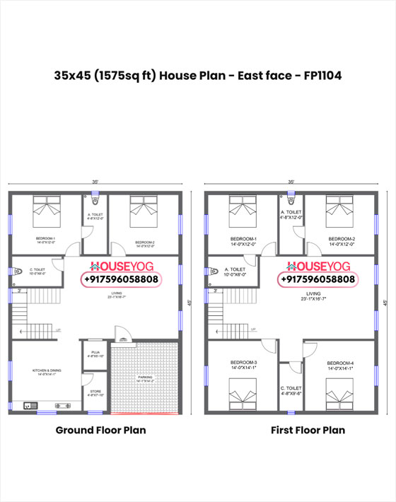 35x45 house plan east facing - spacious 6 bhk duplex with parking on 1575 sq ft plot
