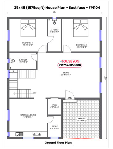 35x45 House Plan East Facing - Spacious 6 BHK Duplex with Parking on 1575 sq ft Plot