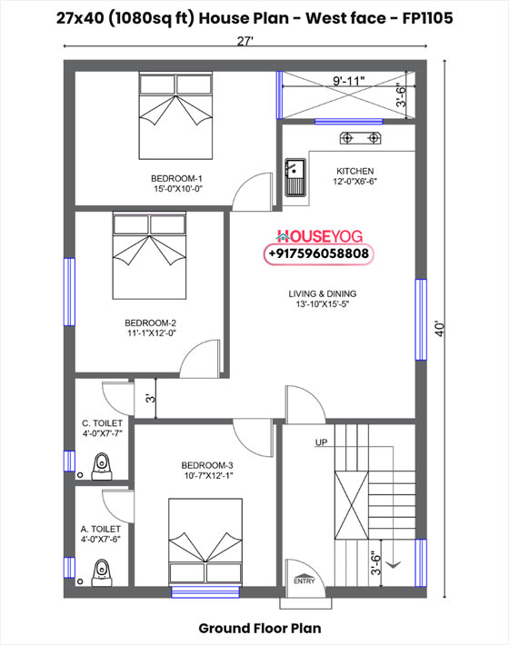 27x40 house plan west facing - 3 bhk layout on 1080 sq ft plot with open kitchen & dining