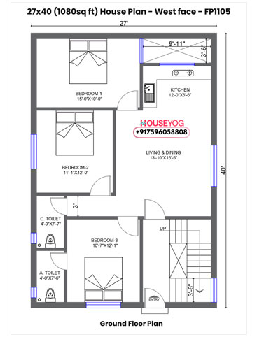 27x40 Single Floor 3 BHK West Facing Indian House Plan