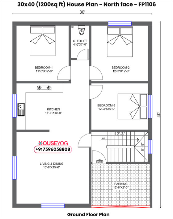 30x40 house plan north facing - simple 3 bhk design with parking on 1200 sq ft plot