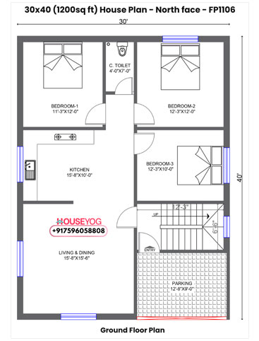 30x40 House Plan North Facing - Simple 3 BHK Design with Parking on 1200 Sq Ft Plot