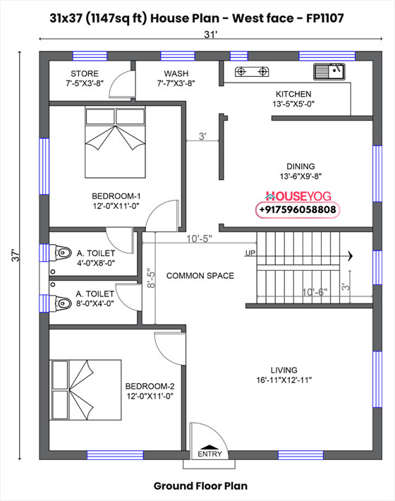 31x37 house plan west facing - 2 bhk layout with dining & store on 1147 sq ft plot