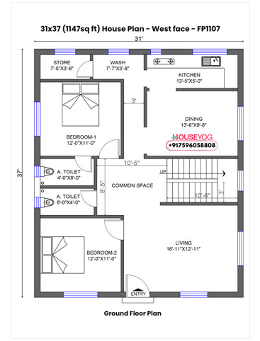 31x37 Single Floor 2 BHK West Facing Indian House Plan