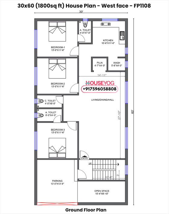 30x60 house plan west facing - spacious 3 bhk with parking, open space & puja room | 1800 sq ft