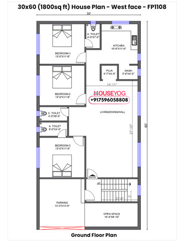30x60 House Plan West Facing - Spacious 3 BHK with Parking, Open Space & Puja Room | 1800 sq ft