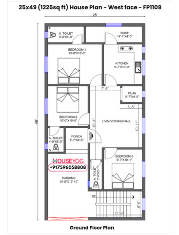25x49 House Plan West Facing - 3 BHK with Car Parking, Puja, Wash Area on 1260 sq ft Plot