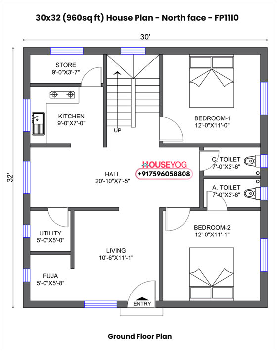 30x32 house plan north facing - 2 bhk with store, puja room, utility & drawing on 960 sq ft plot