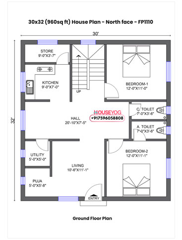 30x32 House Plan North Facing - 2 BHK with Store, Puja Room, Utility & Drawing on 960 sq ft Plot