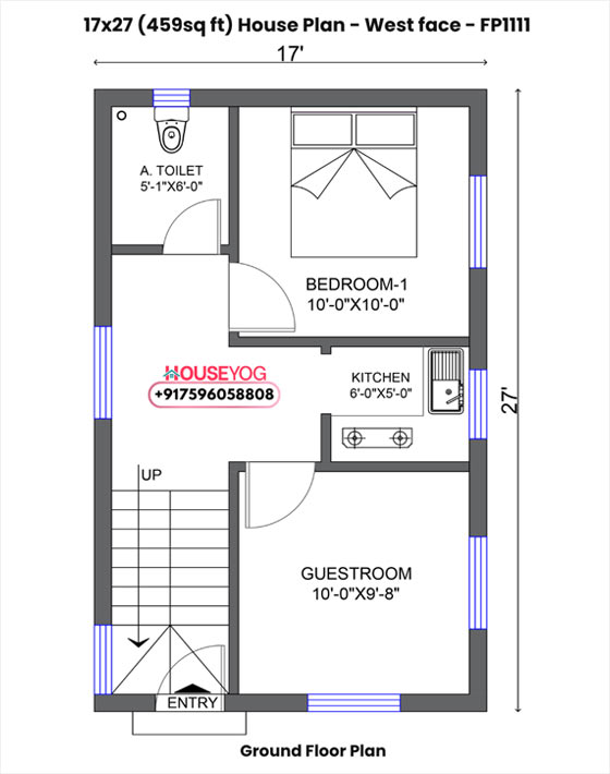 17x27 house plan west facing - compact 2 bhk with open kitchen on 459 sq ft plot