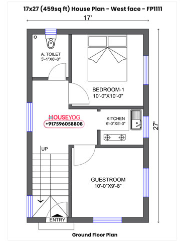 17x27 House Plan West Facing - Compact 2 BHK with Open Kitchen on 459 sq ft Plot