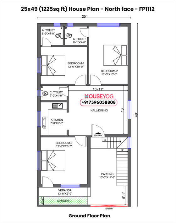 25x49 house plan north facing - 3 bhk with car parking, verandah & garden on 1225 sq ft plot
