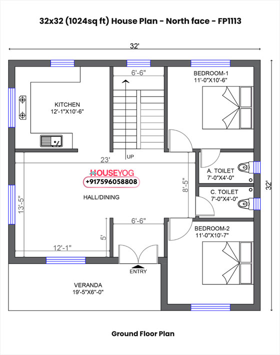 32x32 house plan north facing - 2 bhk layout with open lawn on 1024 sq ft plot