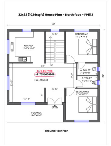 32x32 House Plan North Facing - 2 BHK Layout with Open Lawn on 1024 Sq Ft Plot