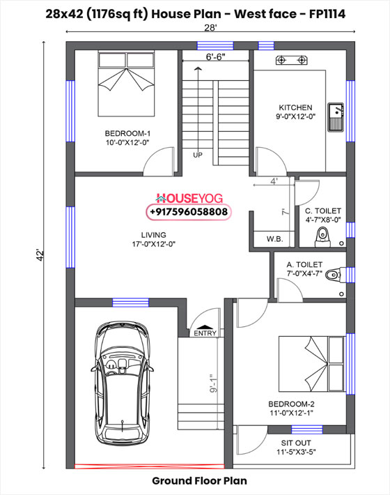 28x42 house plan west facing - 2 bhk with parking, porch & 2 baths on 1176 sq ft