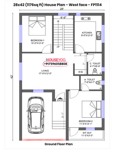 28x42 House Plan West Facing - 2 BHK with Parking, Porch & 2 Baths on 1176 Sq Ft