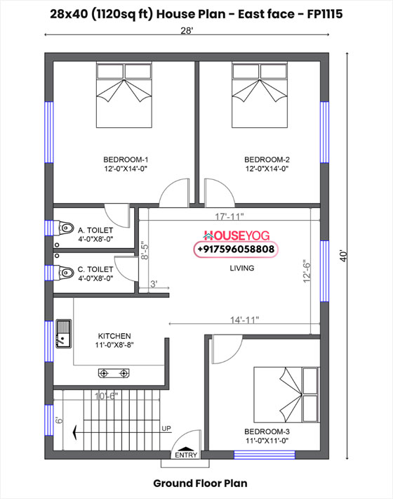 28x40 house plan east facing - smart 3 bhk layout with 2 baths on 1120 sq ft plot