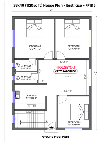 28x40 House Plan East Facing - Smart 3 BHK Layout with 2 Baths on 1120 Sq Ft Plot
