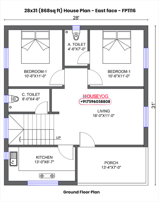 28x31 house plan east facing - 2 bhk with porch on 868 sq ft (free pdf download)