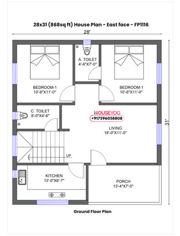 28x31 House Plan East Facing - 2 BHK with Porch on 868 Sq Ft (Free PDF Download)