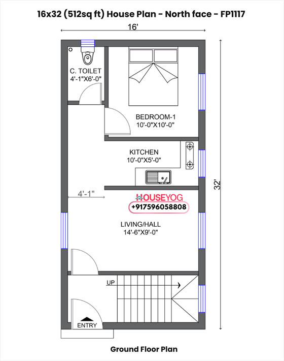 16x32 house plan north facing - 1 bhk rental studio setup on 512 sq ft plot