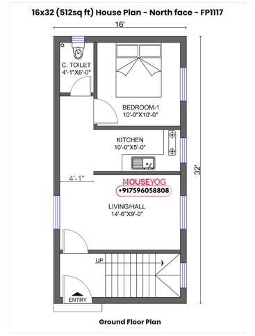 16x32 House Plan North Facing - 1 BHK Rental Studio Setup on 512 Sq Ft Plot